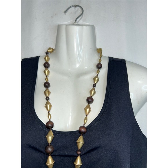 Boho‎ Wood & Gold Tone Beaded Necklace - Long Statement Jewelry - Picture 1 of 6